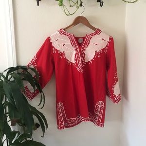 Red Tunic Blouse with Embroidery